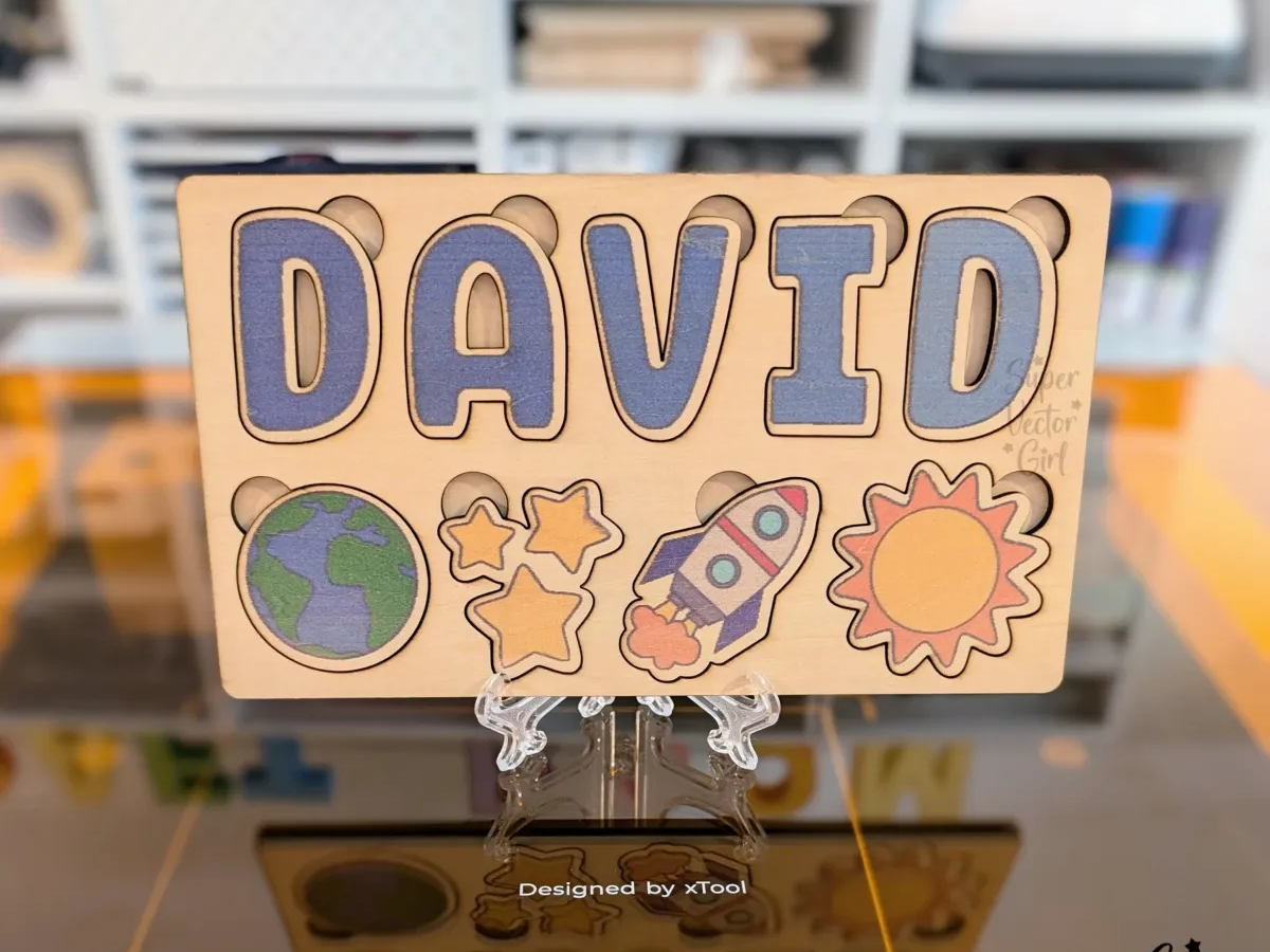 Space-Themed Name Puzzle laser cut word puzzle idea