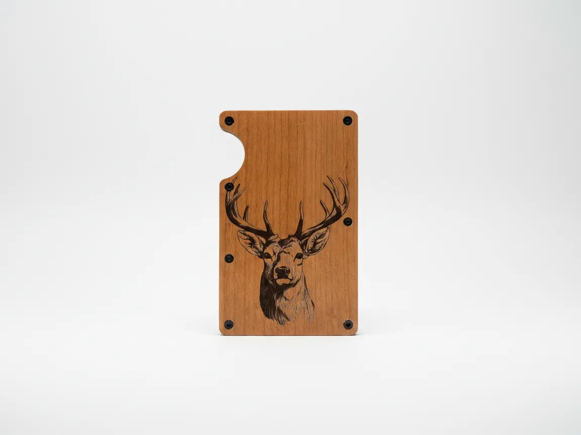 Wooden minimalist wallet with deer head motif gift for grandpa idea