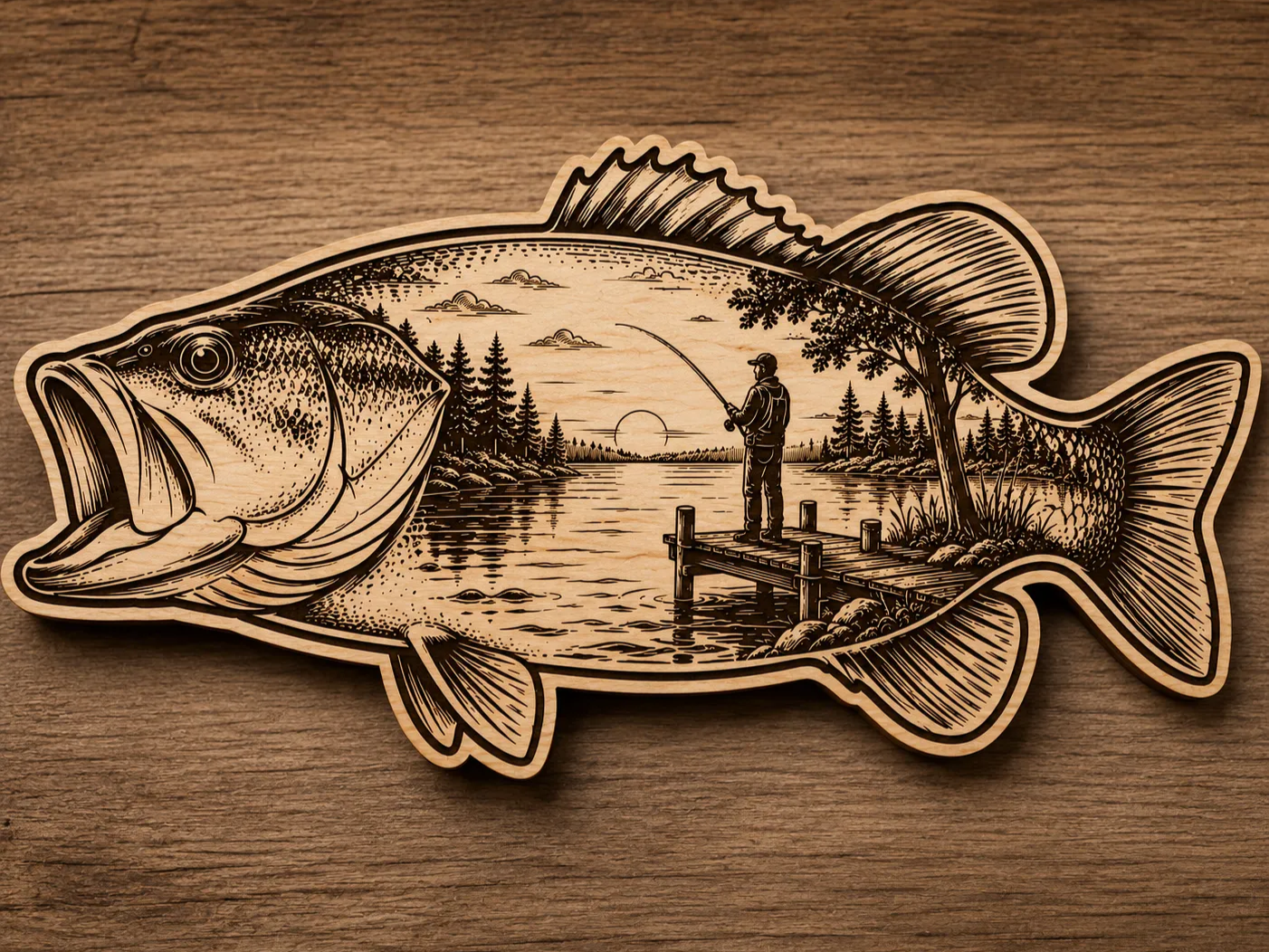 Bass Fish Shaped Wall Art Featuring a Fisherman on a Dock | Free Files ...