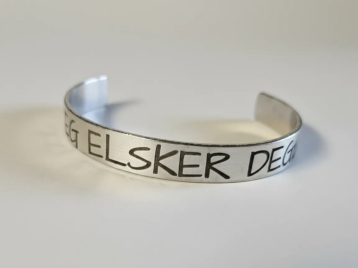 Bracelet en aluminium gravé au laser avec texte norvégien idée de cadeau d'anniversaire pour sa femme