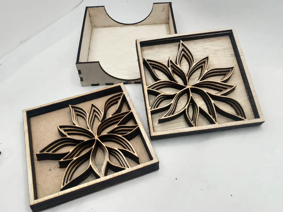 Layered wooden flower coaster with a raised petal design
