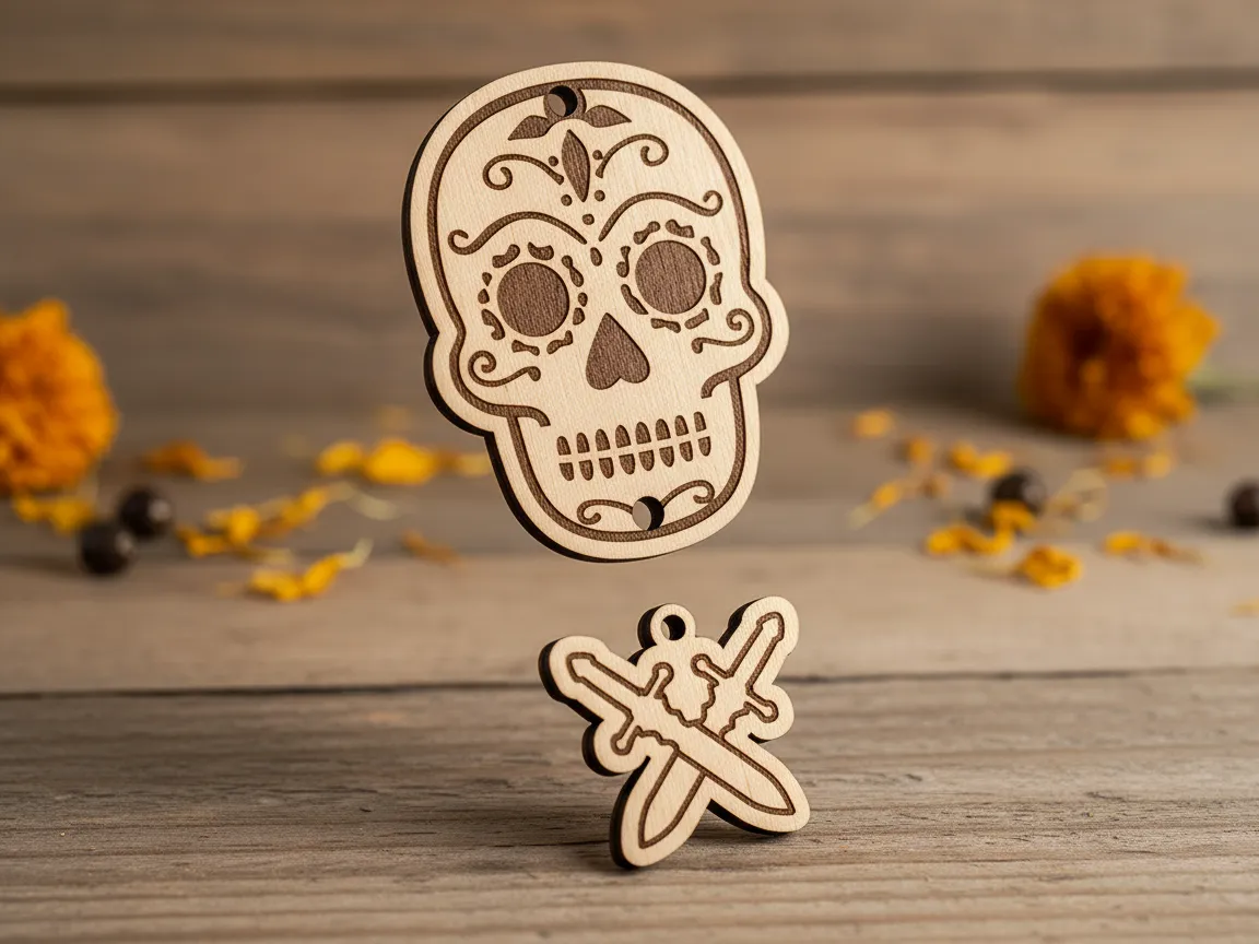 Laser Cut Wooden Sugar Skull Ornament sugar skull dia de los muertos design
