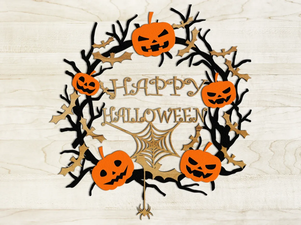 Couronne Happy Halloween effrayante, décoration d'Halloween pour extérieur découpée au laser