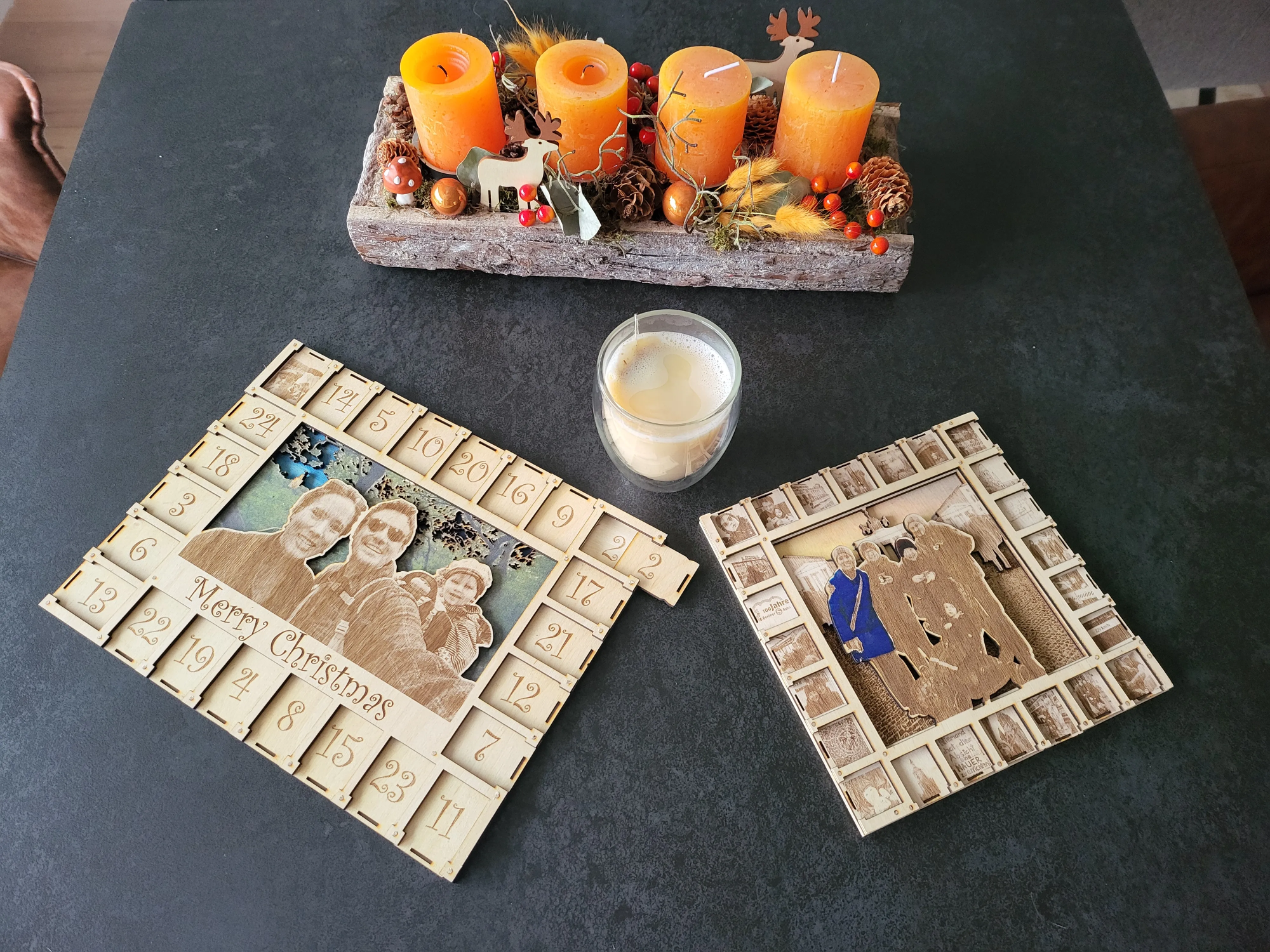 Christmas Advent Calendar using 3 layer family photo and collage as wooden frame