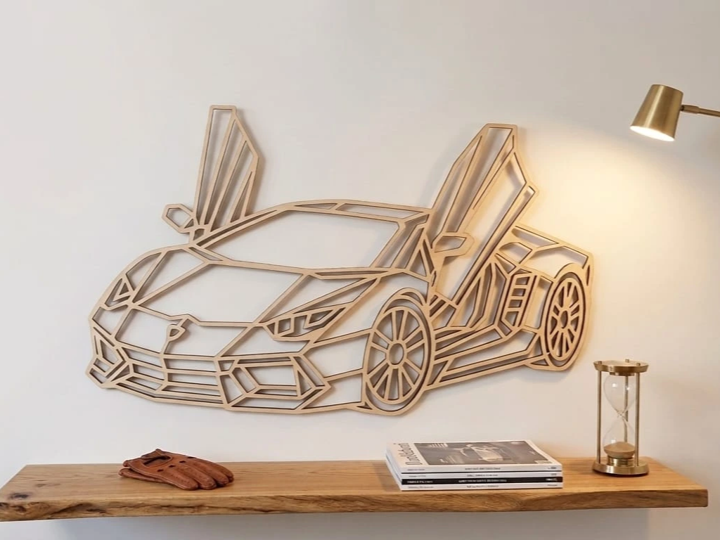 Geometric low-poly Lamborghini sports car with open doors wood art