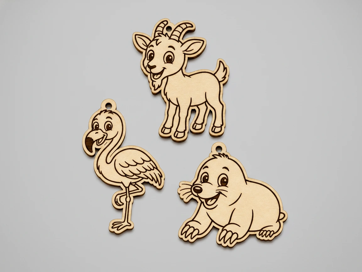 Bezauberndes Holz-Schlüsselanhänger-Set Ziege, Flamingo, Robbe, lasergravierte Tiermotive, süße Sperrholz-Anhänger für Schlüssel, Taschen und handgemachte Geschenke
