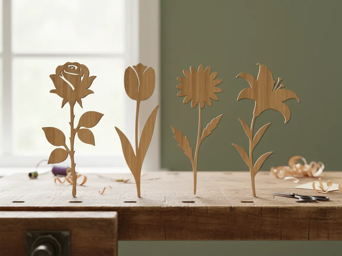 Set of Four Wooden Flower Silhouettes — Rose, Tulip, Daisy, Lily wooden flower design