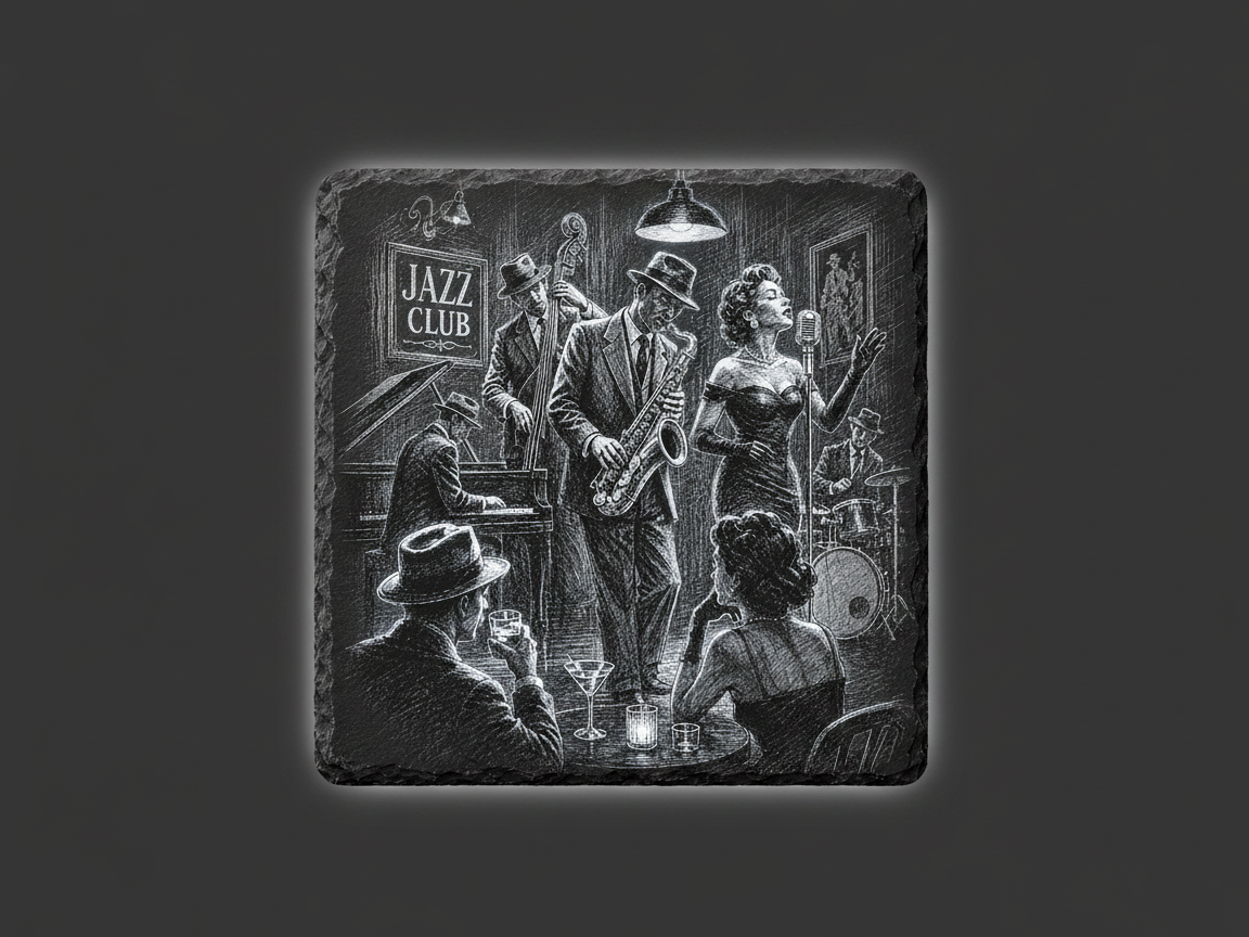 Square slate coaster featuring a vintage jazz club scene