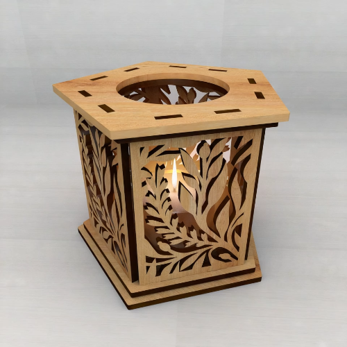 [Laser cut and engrave] Laser Cut Wooden Decorative Candle Holder Lantern with Leaf Pattern