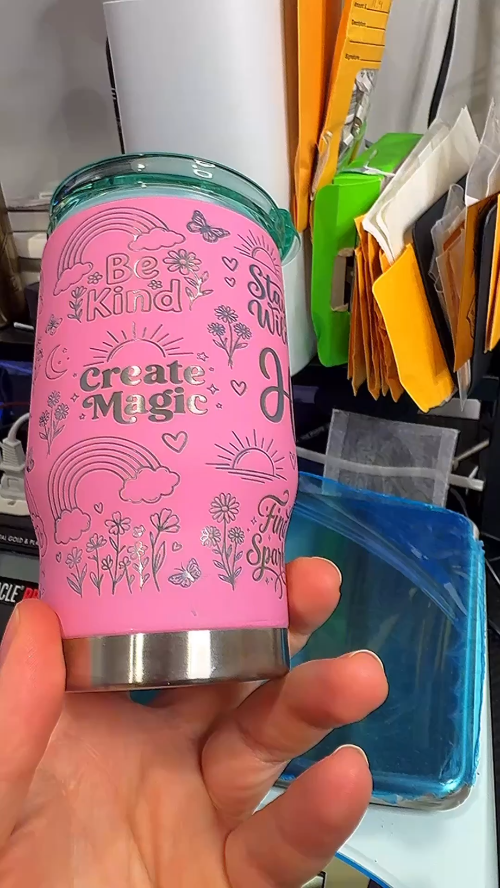 [Laser cut and engrave] Pink Stainless Steel Tumbler with Inspirational Quotes and Rainbow Design