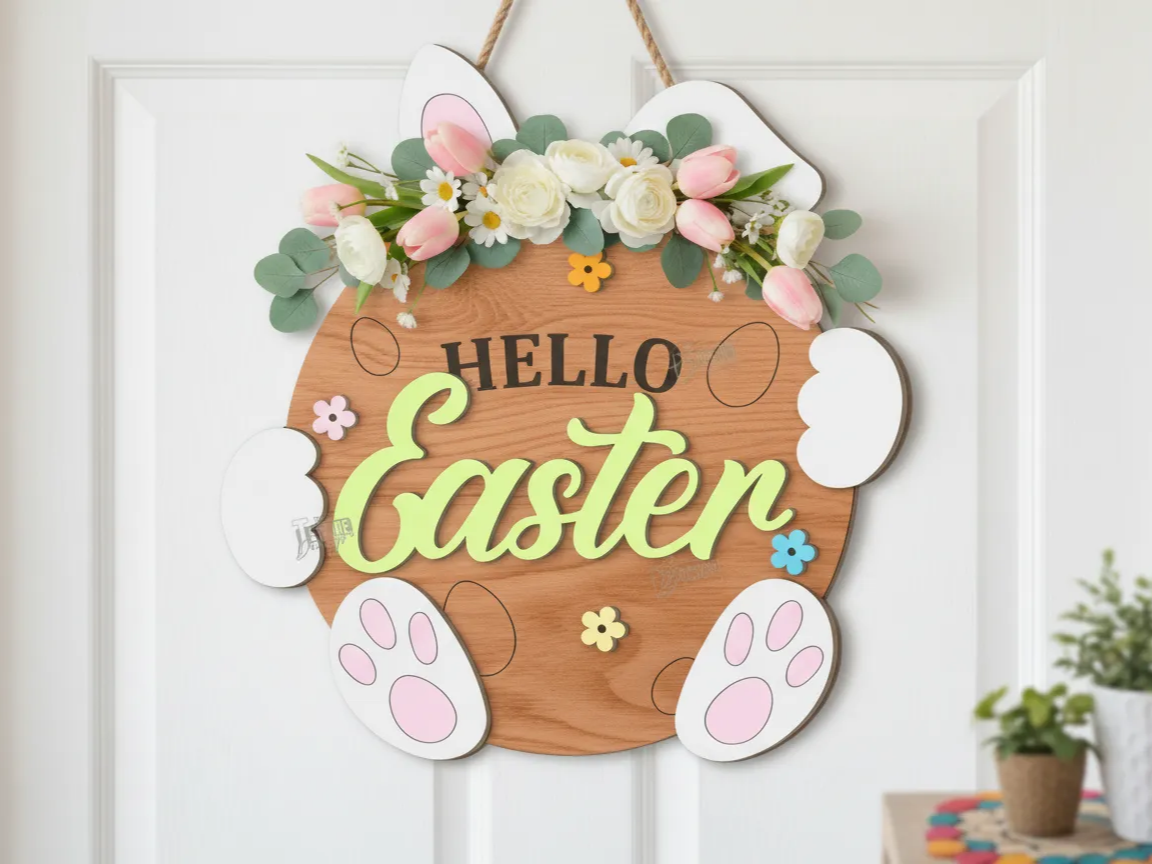 Easter door sign laser cut hanging decoration Hello Easter free SVG bunny ears flowers