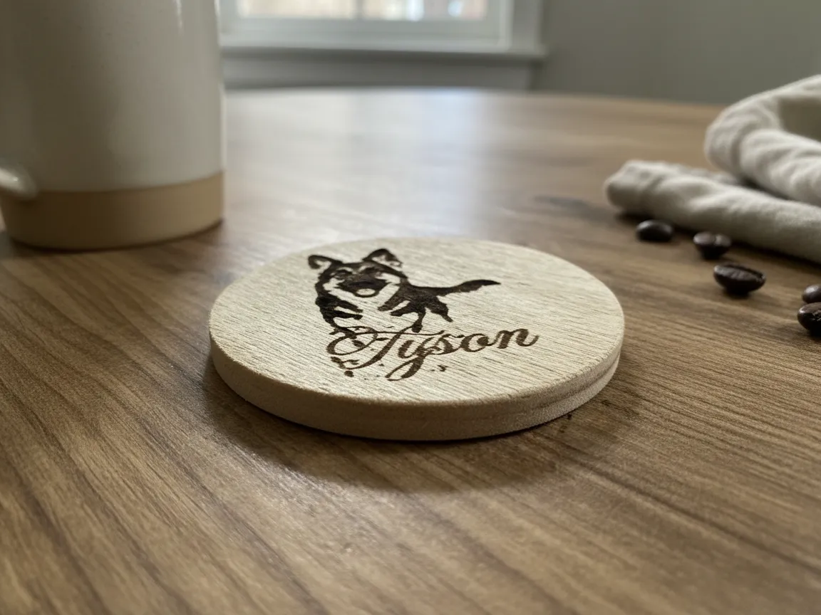 Round wooden coaster engraved with a dog photo and the name Tyson