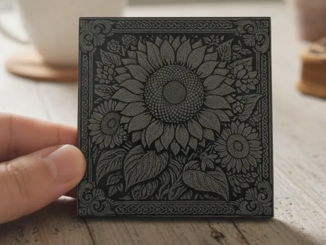 Laser-Engraved Sunflower Acrylic Coaster with Decorative Border