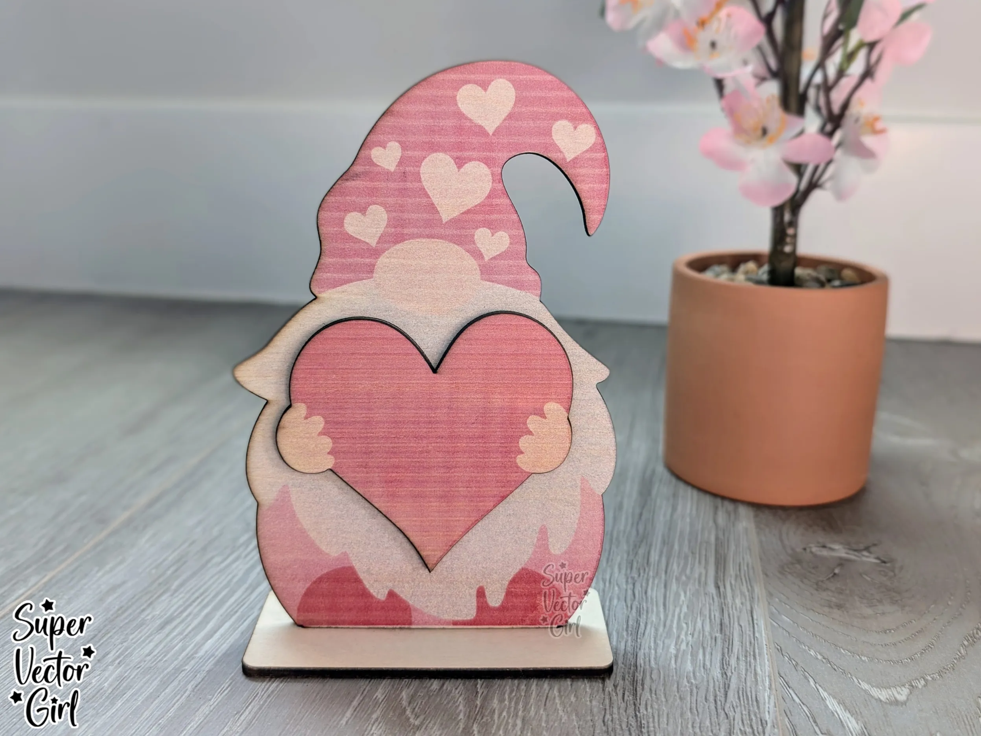 Gnome Holding a Heart Shelf Sitter laser-cut design on a styled shelf