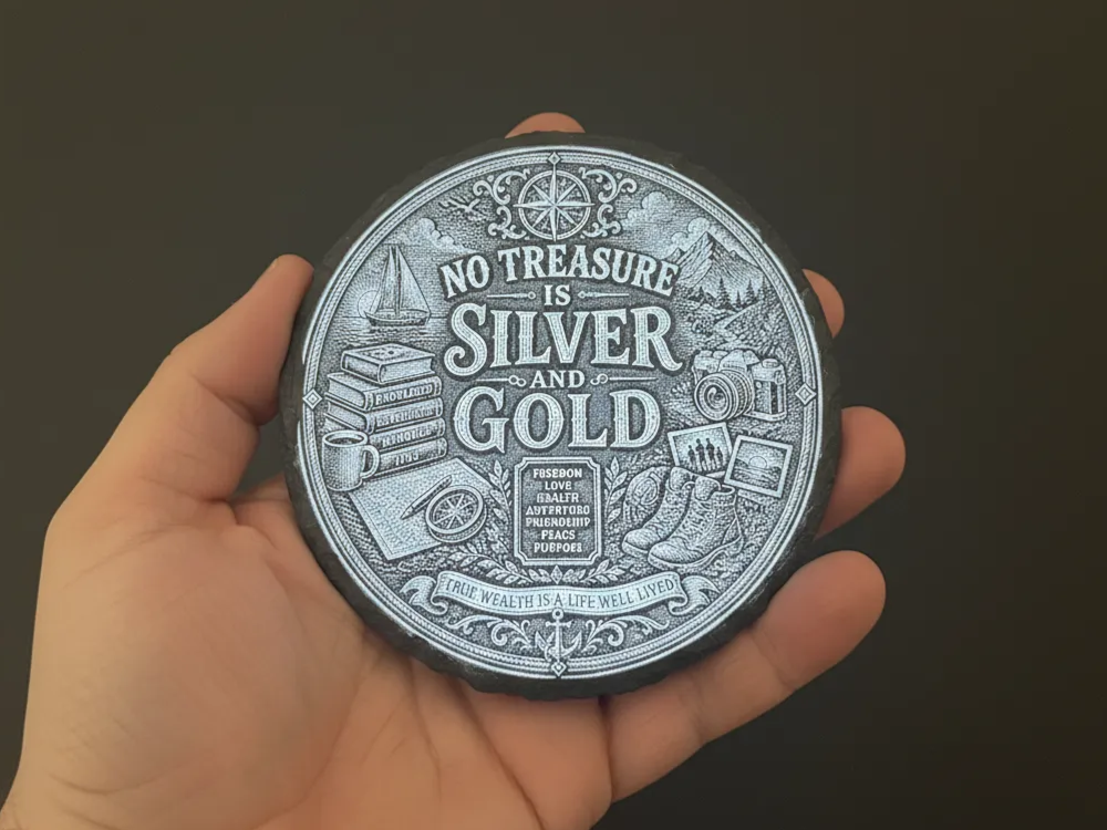 Round slate coaster with a silver and gold inspirational quote