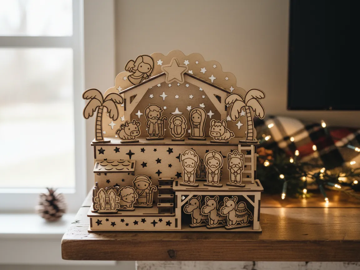 Laser cut wooden Nativity scene Christmas decoration standing display