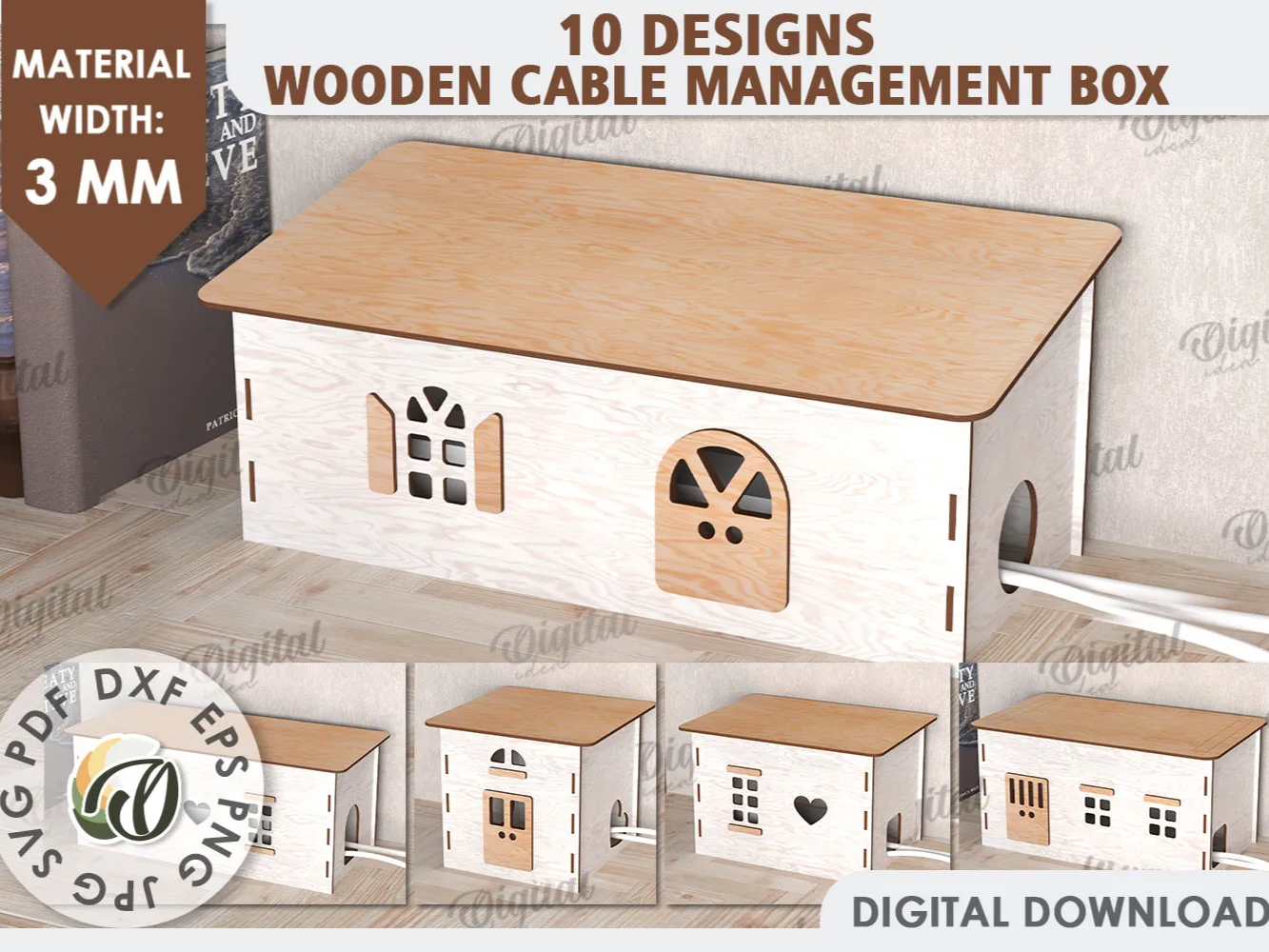 Wooden cable management box bundle laser cut. 3D wire organizer. Cord ...