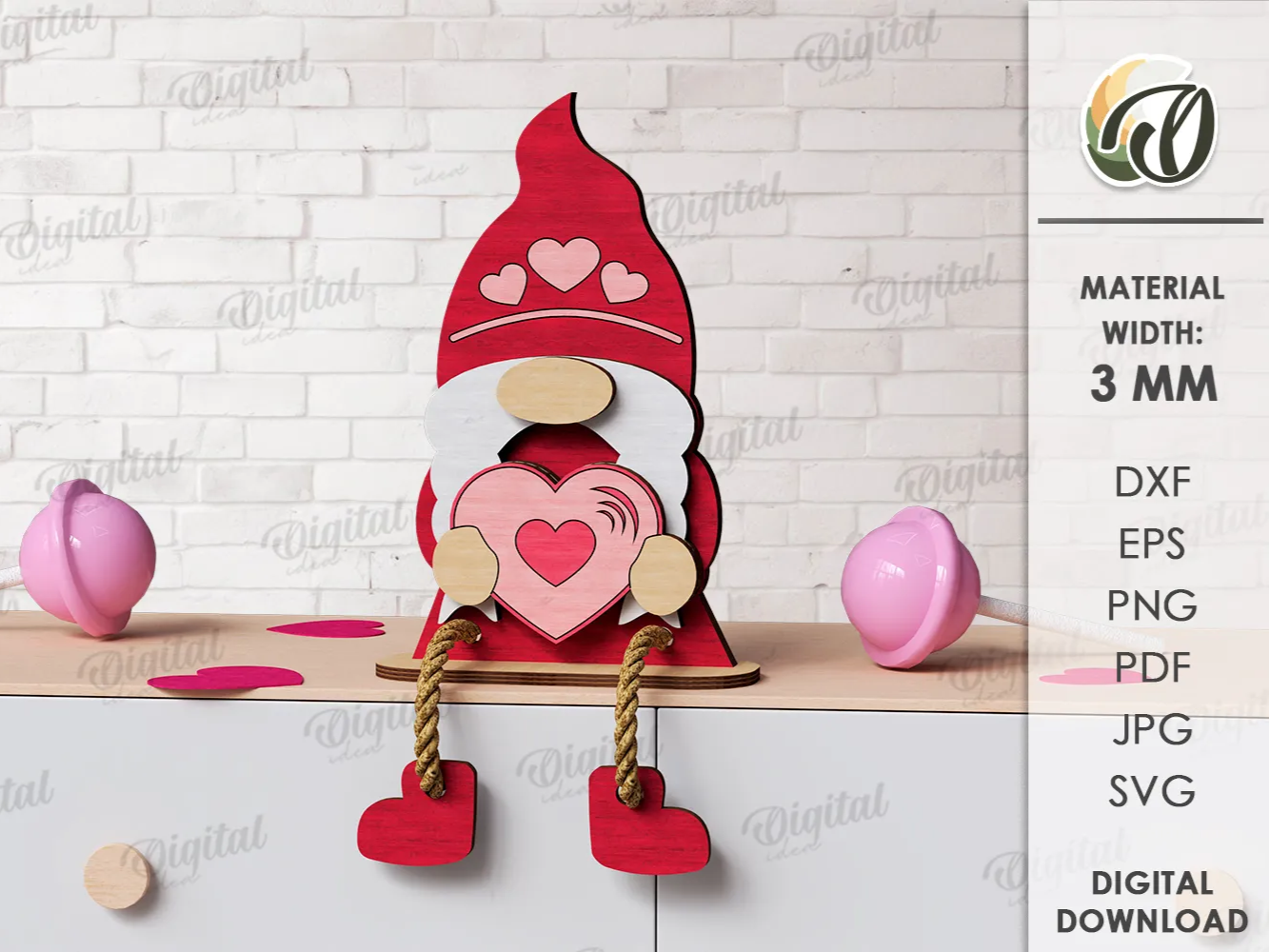 Valentine's Day Gnome Shelf Sitter laser-cut design on a styled shelf