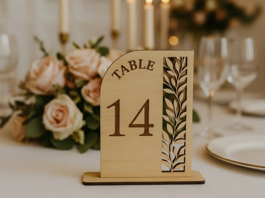 Wooden Table Number with Leaf Design laser cut design on a table