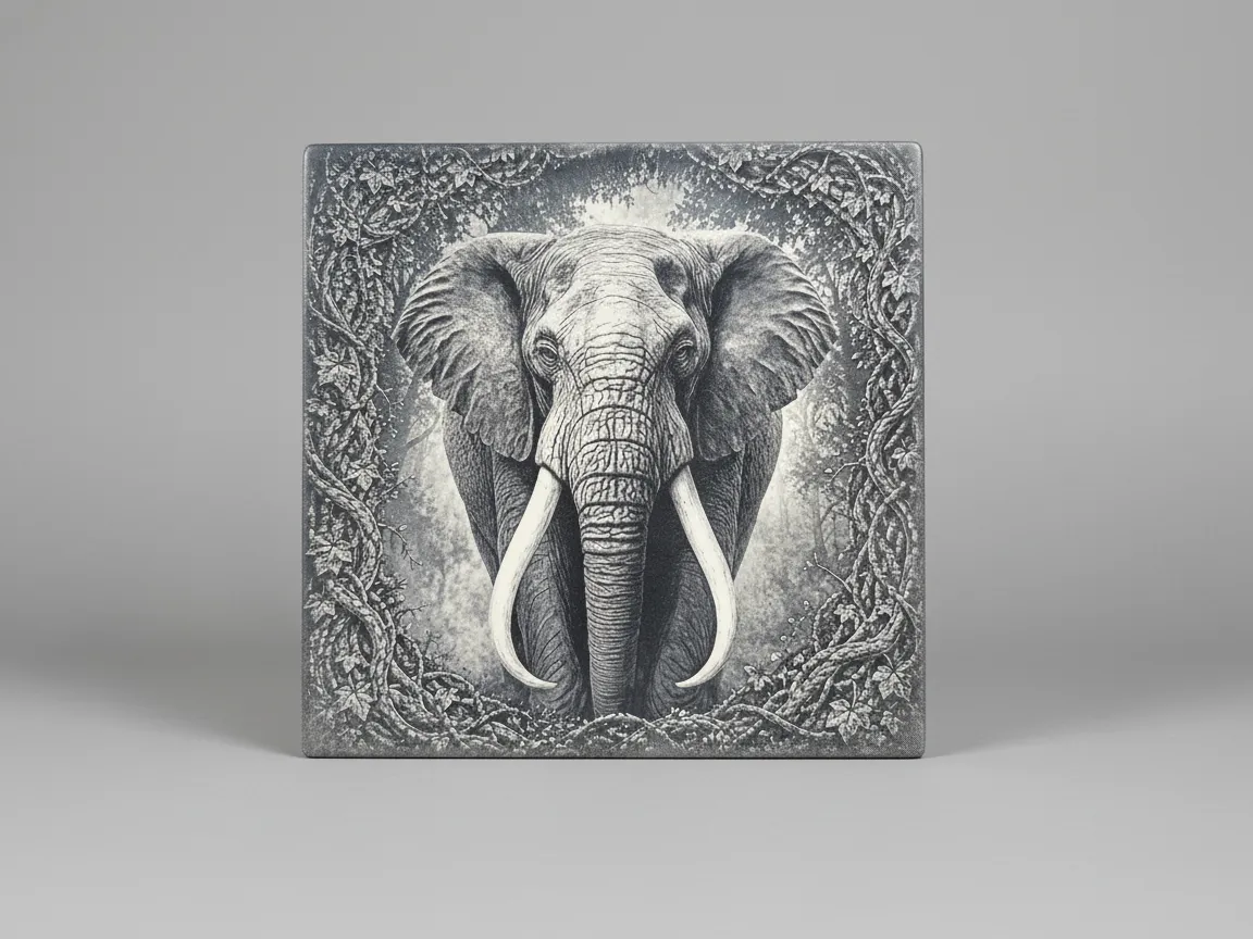 Square coaster with an elephant portrait framed by a jungle vine border