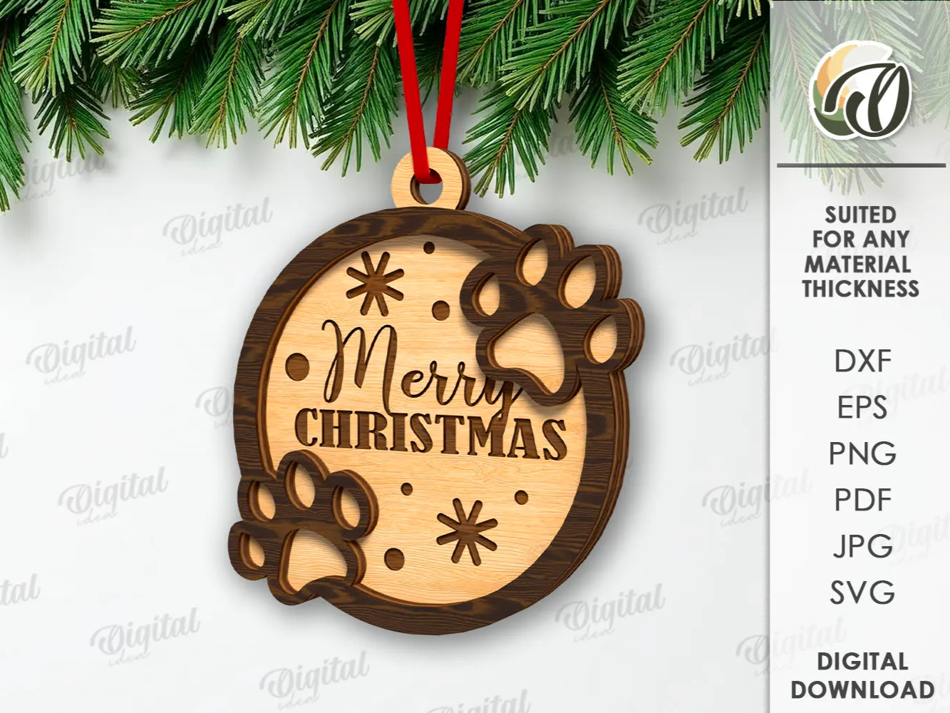 Layered wooden 3D pet ornament for cats and dogs on the tree