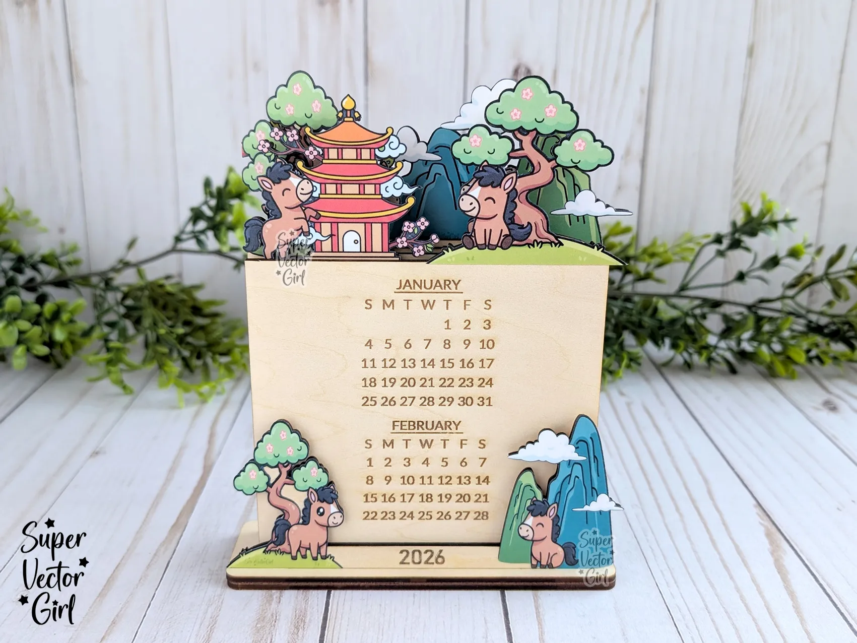 Layered Horse Desktop Calendar for 2026