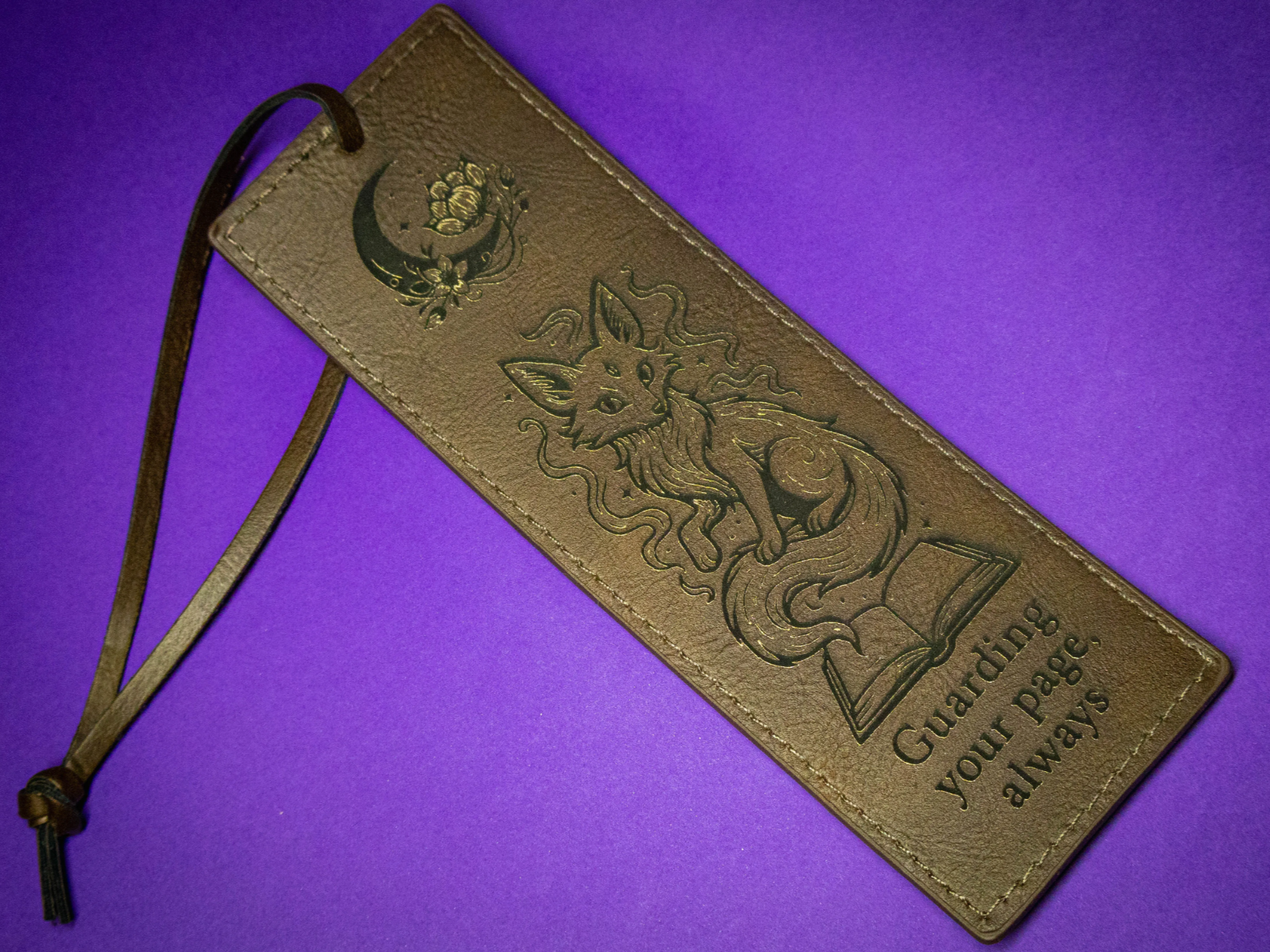 Leather Bookmark with Fox Motif and Quote bookmark design