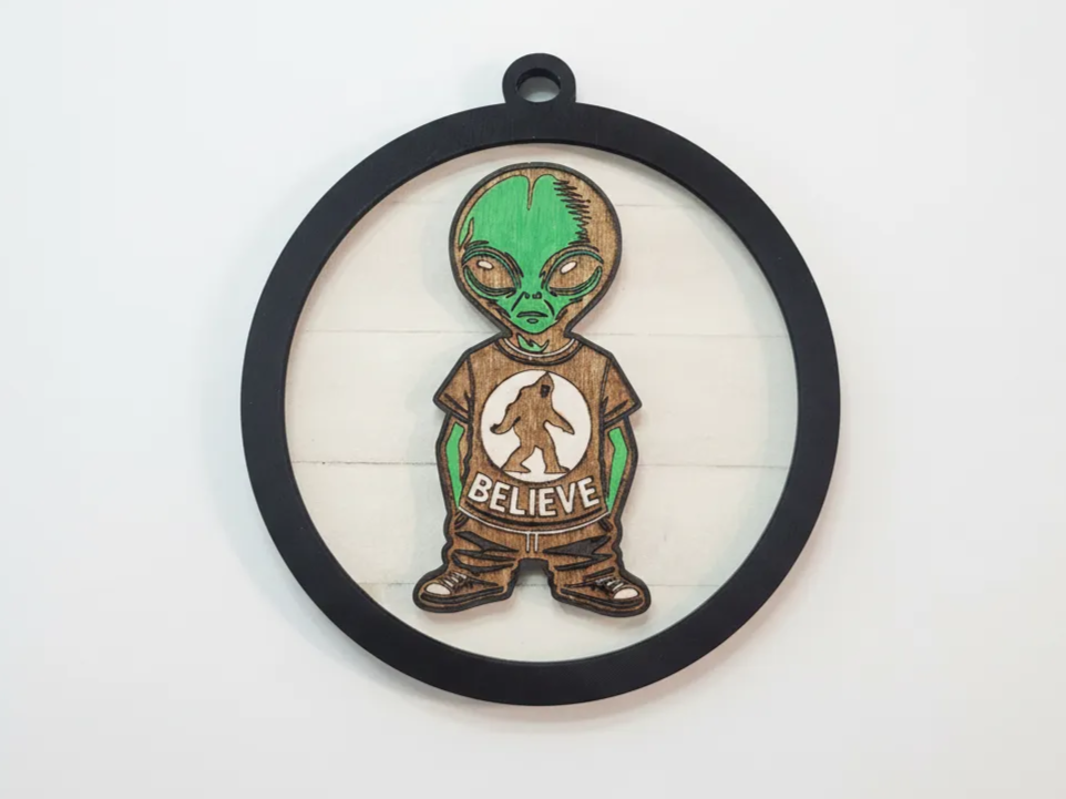 Shiplap Alien Ornament with Believe Bigfoot Design Laser Cut Wooden ...