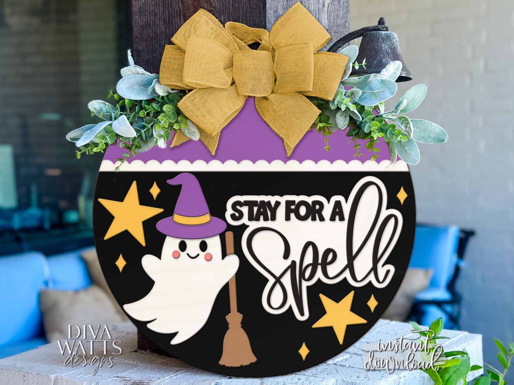 Stay for a Spell Round Sign SVG Halloween Ghost Door