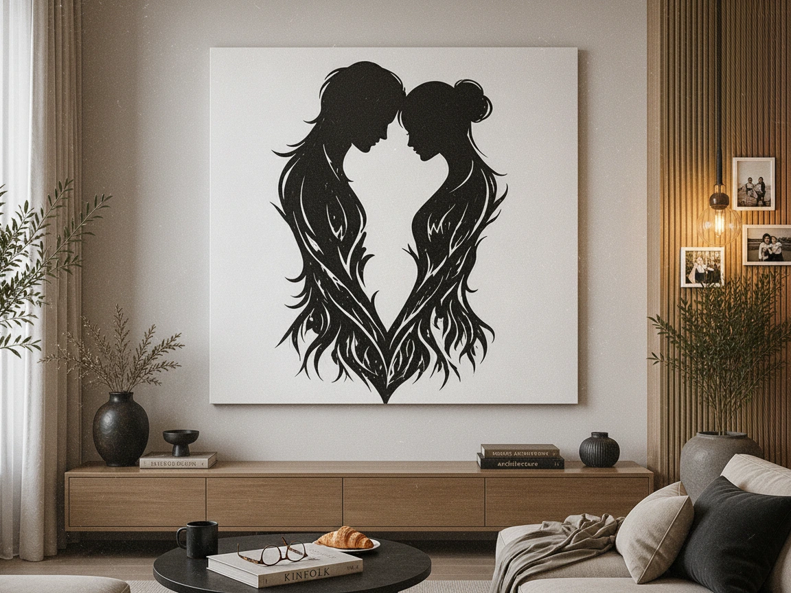 Profili gemelli che formano un cuore, idea di silhouette di coppia tagliata al laser
