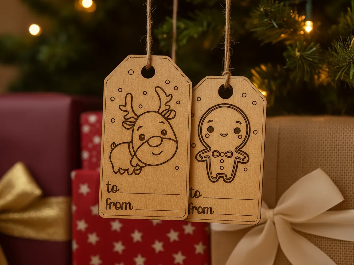4x Wooden Christmas Gift Tags: Reindeer, Gingerbread & Santa christmas gift design