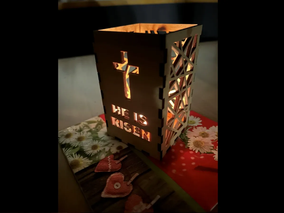 Wooden Easter light and pencil holder caddy glowing softly