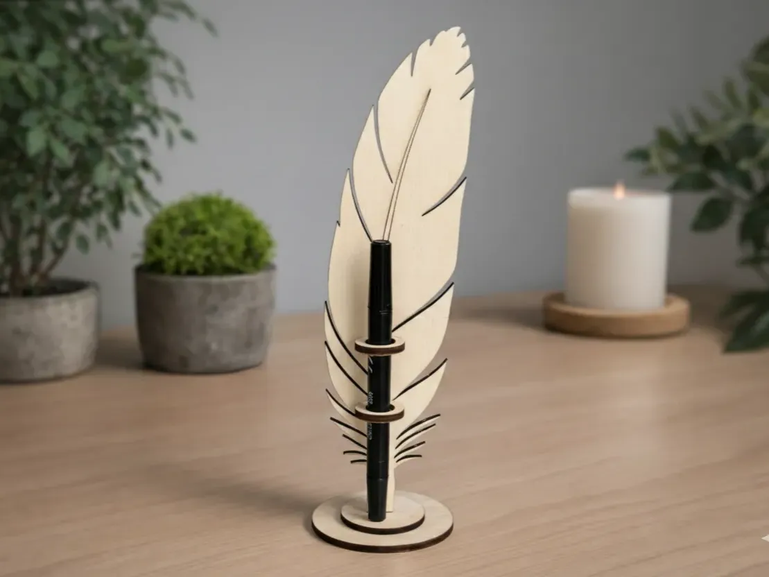 Wooden Feather-Shaped Pen Holder office desk decor idea