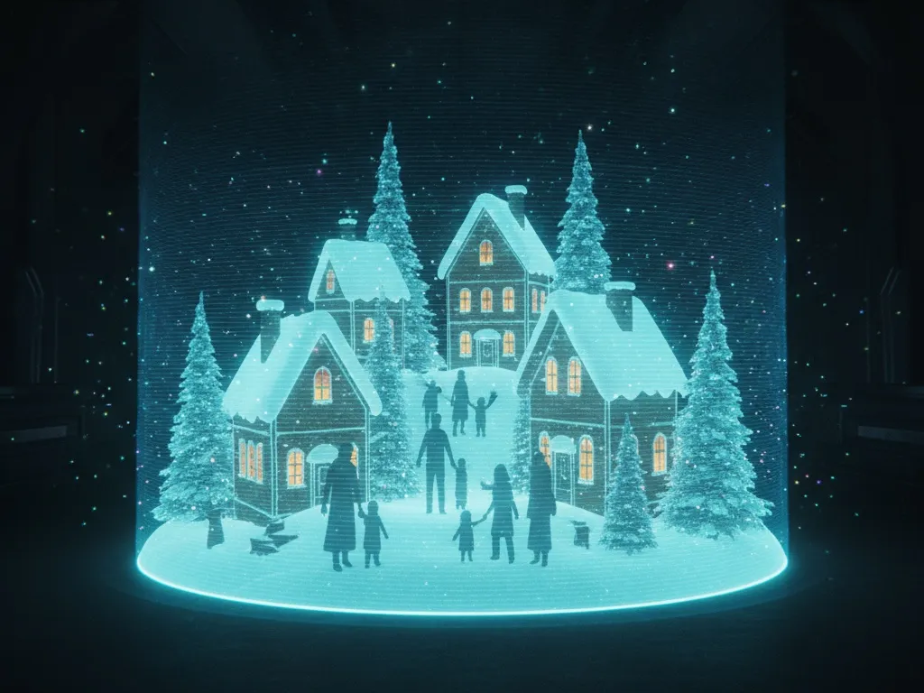 3D holographic winter village scene with family silhouettes for window
