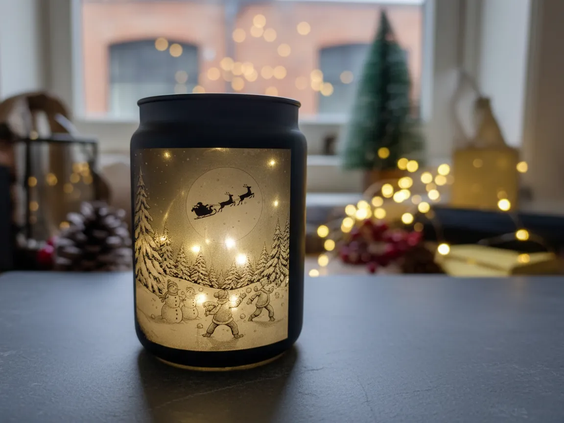 Laser engraved Christmas candle holder with a winter scene and LED lights