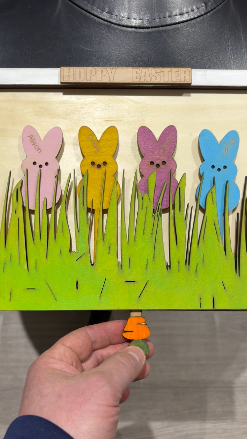 [Laser cut and engrave] Hopping Personalized / Customized  Easter Bunny Peep Wall Art with Grass and Carrot Lifter