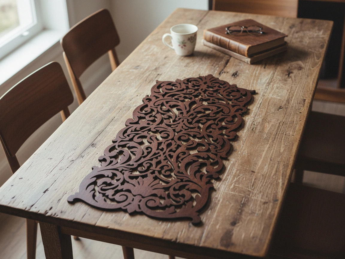 Floral Cutout Wooden Table Runner dining table decor and centerpiece idea