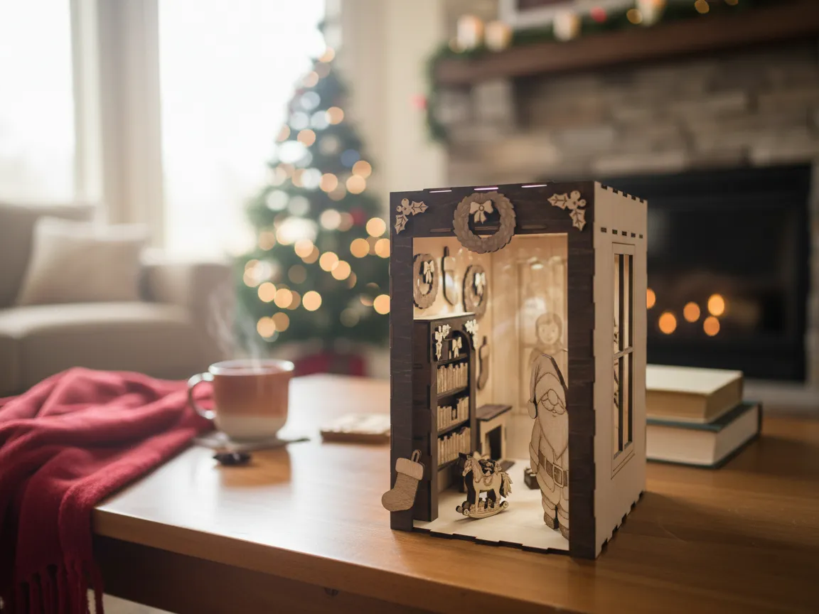 Cozy Christmas book nook 3D layered plywood shelf insert diorama with Santa scene