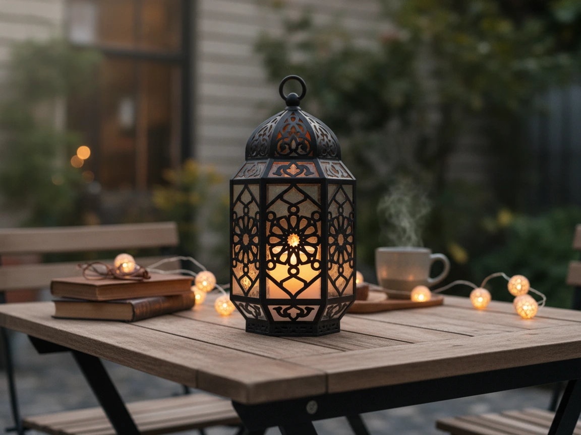 Domed Moroccan style wooden lantern with geometric fretwork on a patio table outdoor light idea