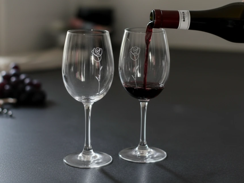 Laser Engraved Wine Glasses with Love and Rose Design gift design