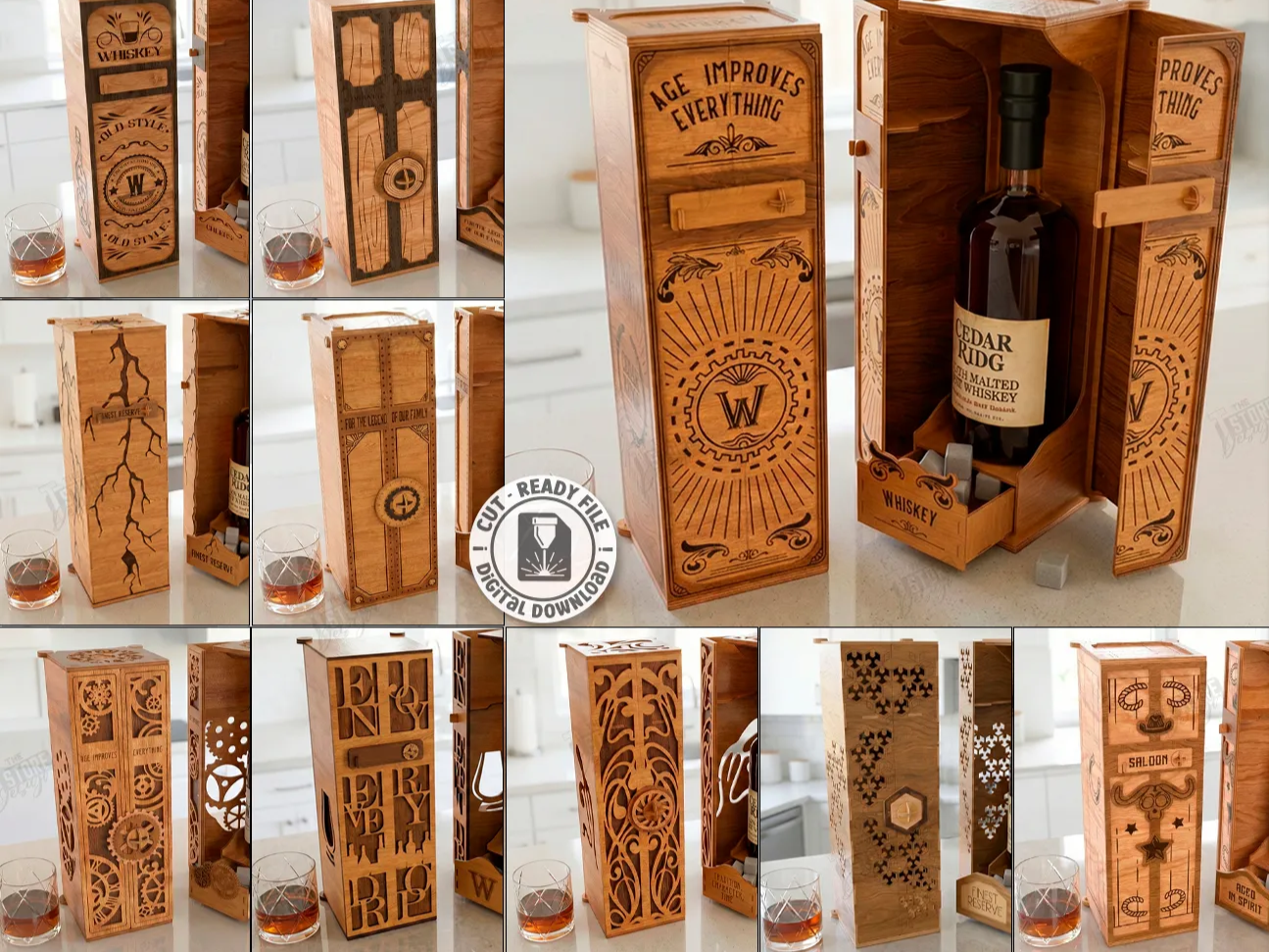 Wooden Whiskey Bottle Gift Box with Engraved Designs Laser Cut