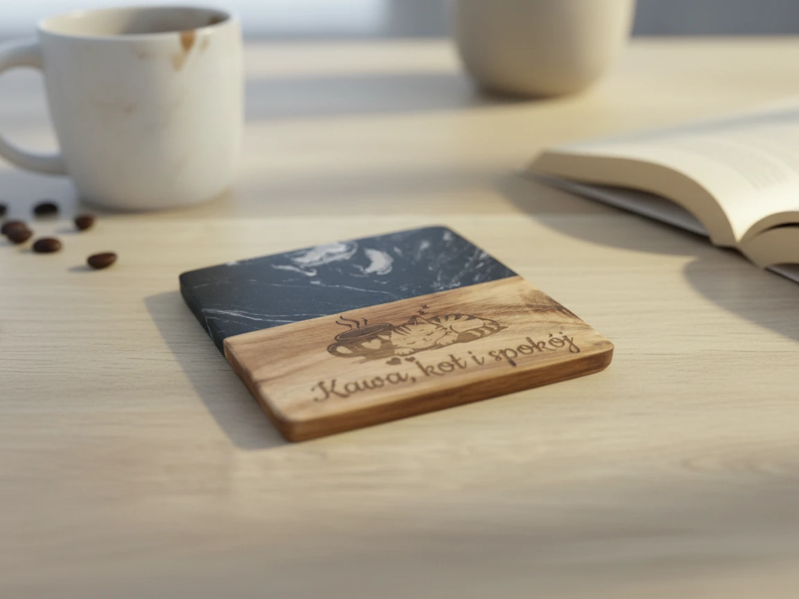 Wooden coffee coaster featuring a cat design with marble accent