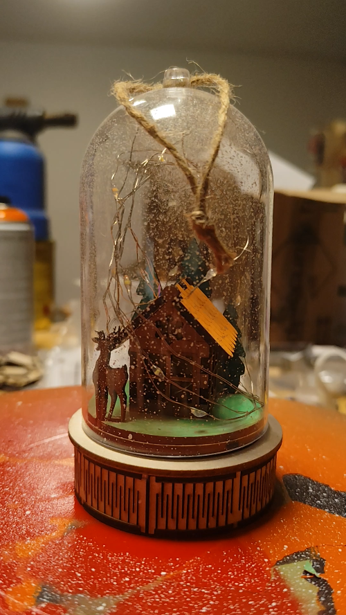 [Laser cut and engrave] Miniature Woodland Cabin and Deer Christmas Ornament in Glass Cloche