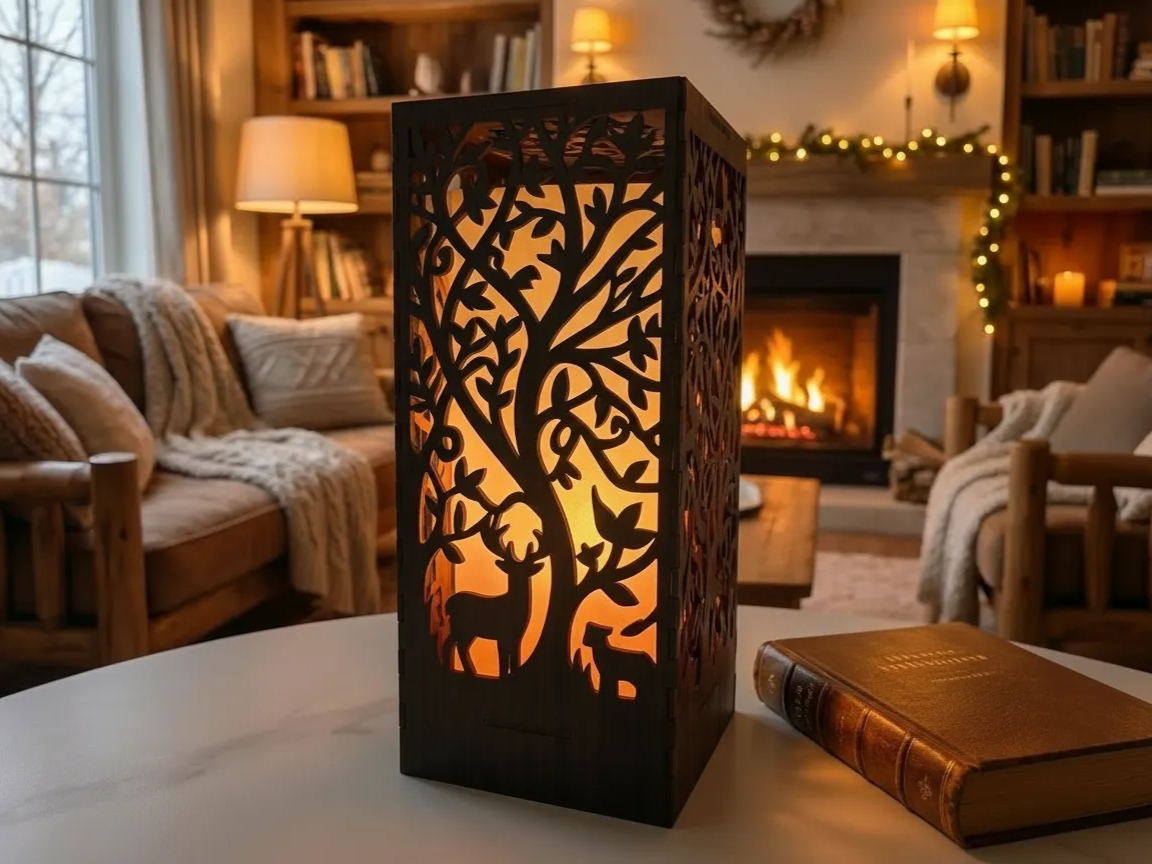 Wooden decorative lantern with cut-out forest scene