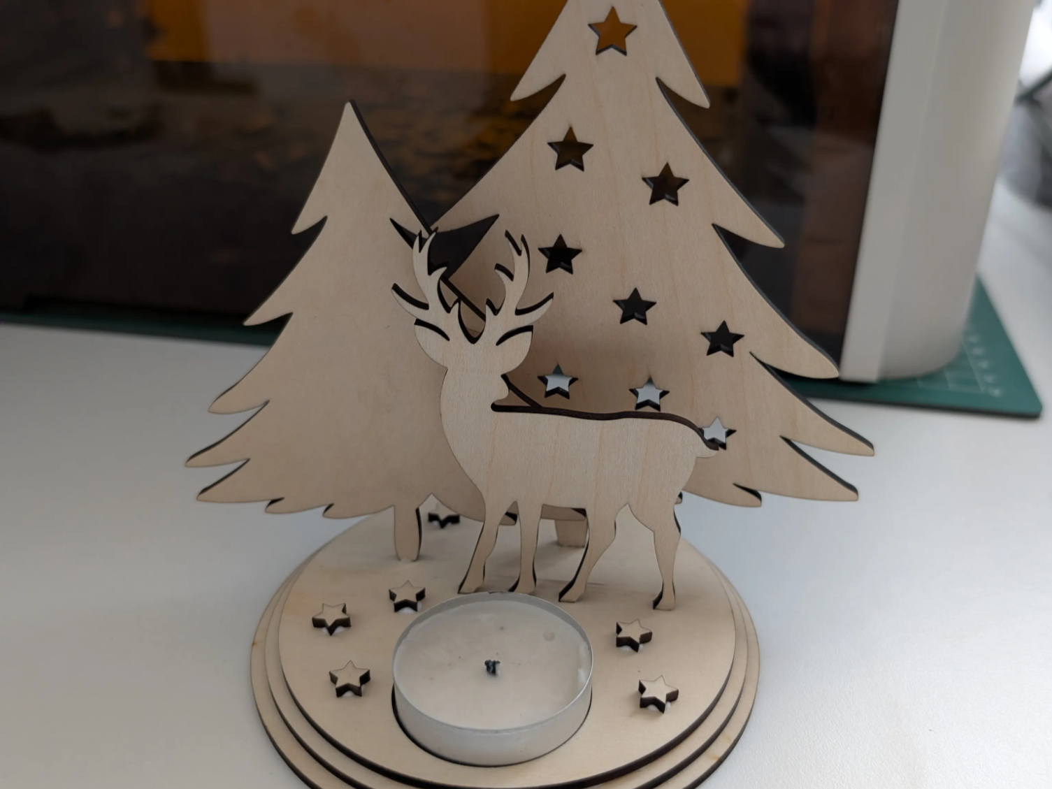 Laser cut wooden Christmas deer and tree tea light candle holder