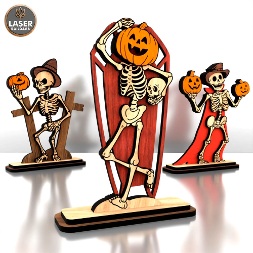 [Laser cut and engrave] Halloween Skeleton with Pumpkin | Graveyard Skeleton Laser Cut File