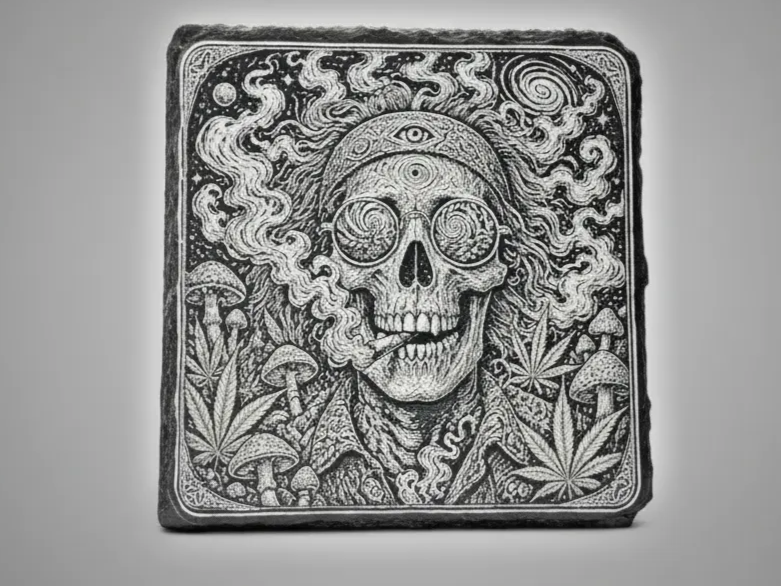 Skull surrounded by psychedelic mushroom and leaf artwork on stone coaster