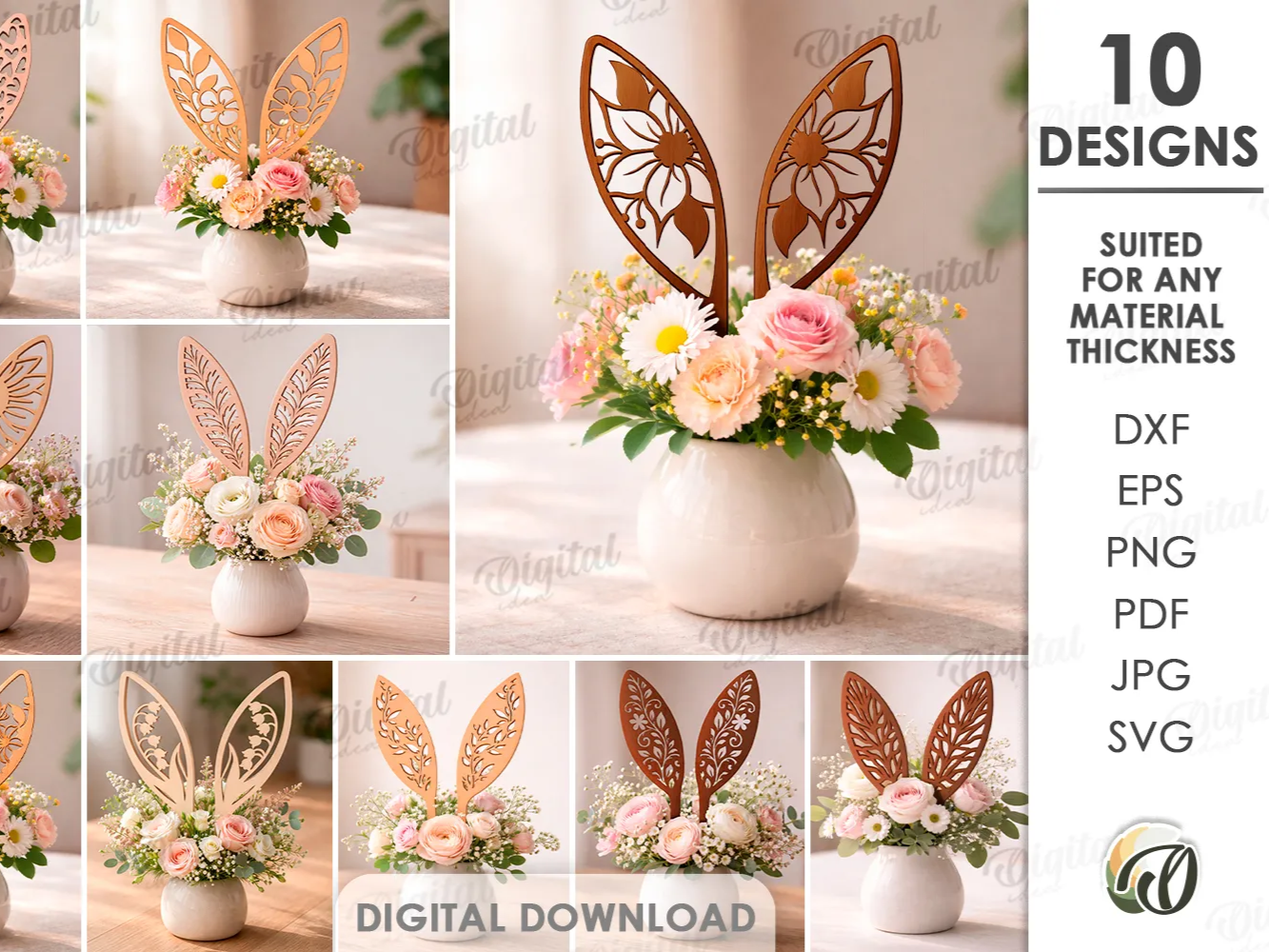 Bunny ears decors bundle. Floral stakes laser cut. Easter bunny ear ...