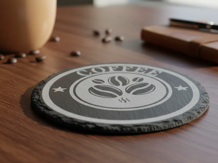 Round slate coaster engraved with coffee bean motif