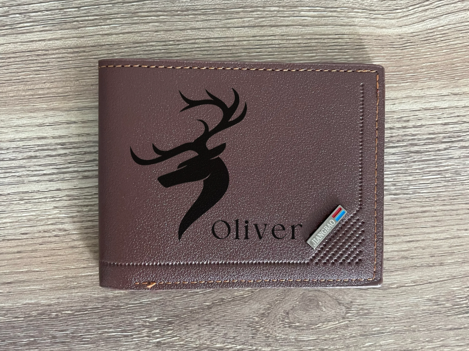 Brown Leather Wallet with Deer Logo and Name Design personalized gift for him idea